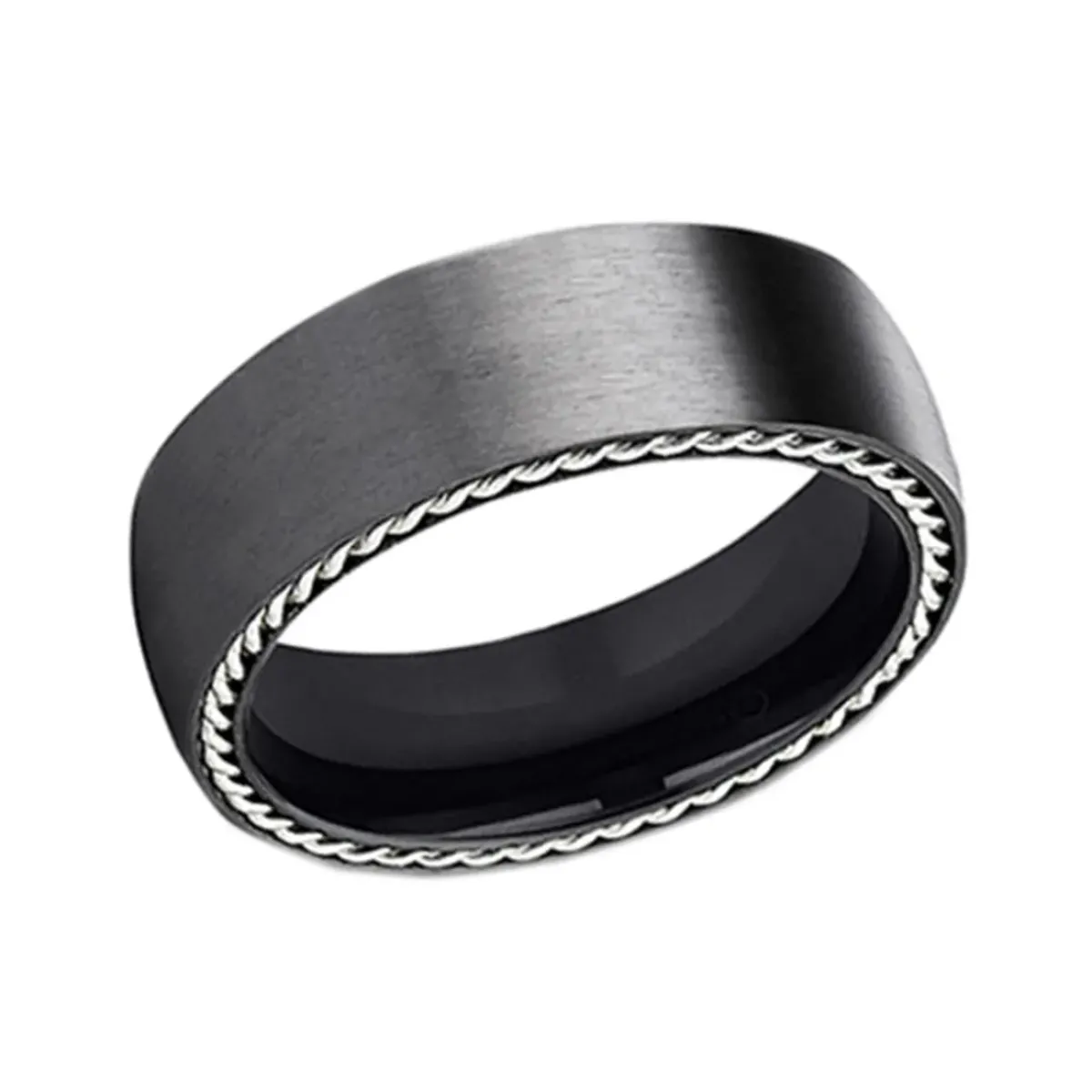 Josephs Jewelers Wedding Bands For Men>Black Titanium Silver Rope Edge Wedding Band