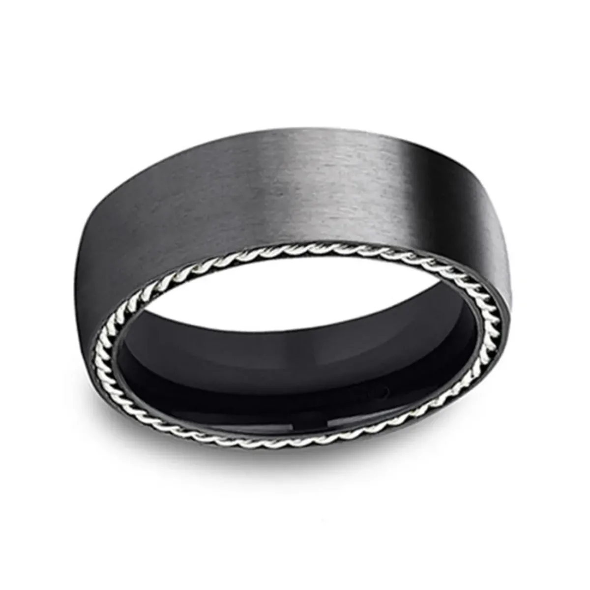 Josephs Jewelers Wedding Bands For Men>Black Titanium Silver Rope Edge Wedding Band