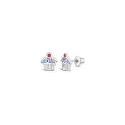 Josephs Jewelers Earrings>Children’s Sterling Silver Enamel Cupcake Stud Earrings