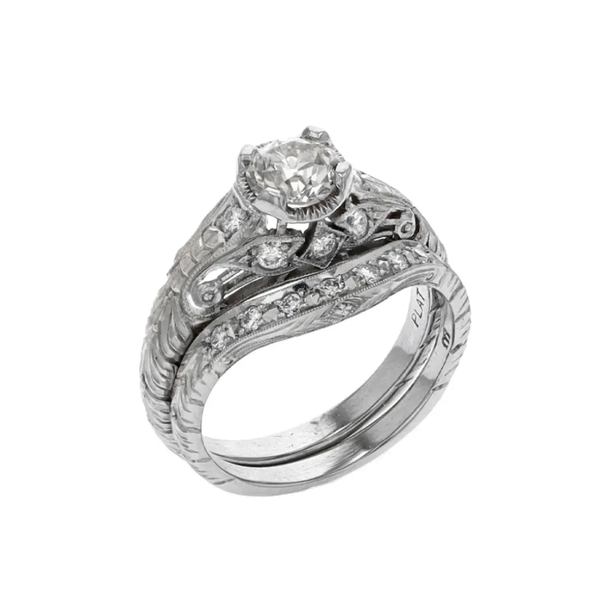 Josephs Jewelers Estate>Estate Platinum Hand Engraved Diamond Wedding Set
