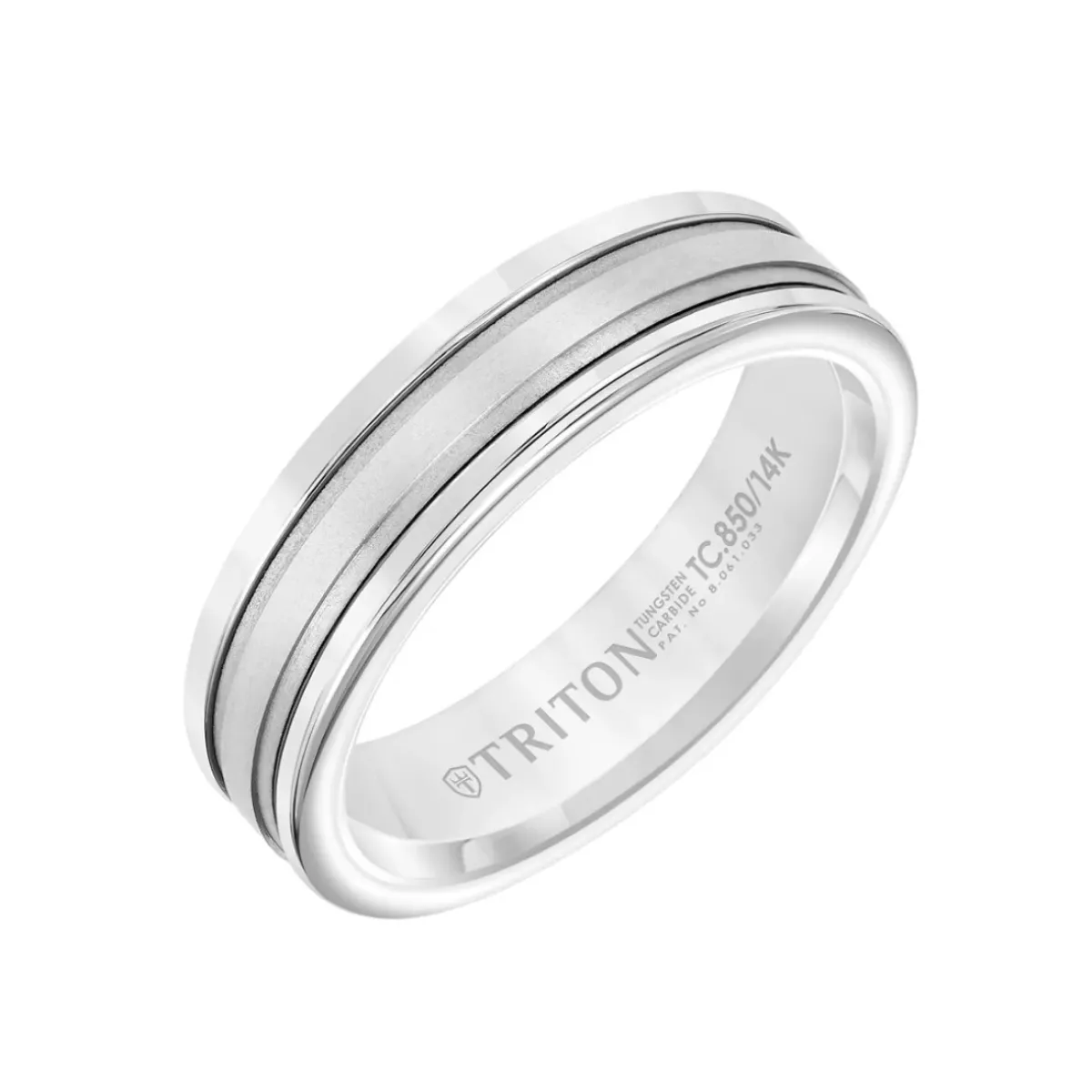 Josephs Jewelers Wedding Bands For Men>Gray Tungsten and 14K White Gold Step Edge Band