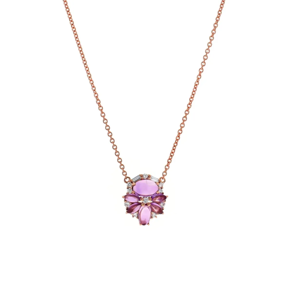 Josephs Jewelers Necklaces And Pendants>14K Rose Gold Amethyst and Diamond Flower Necklace