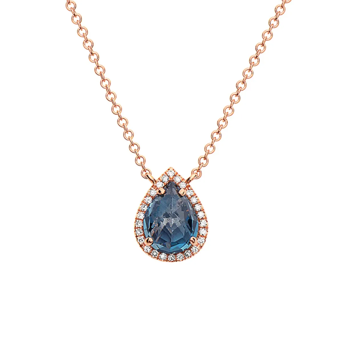 Josephs Jewelers Necklaces And Pendants>14K Rose Gold Pear Blue Topaz and Diamond Necklace