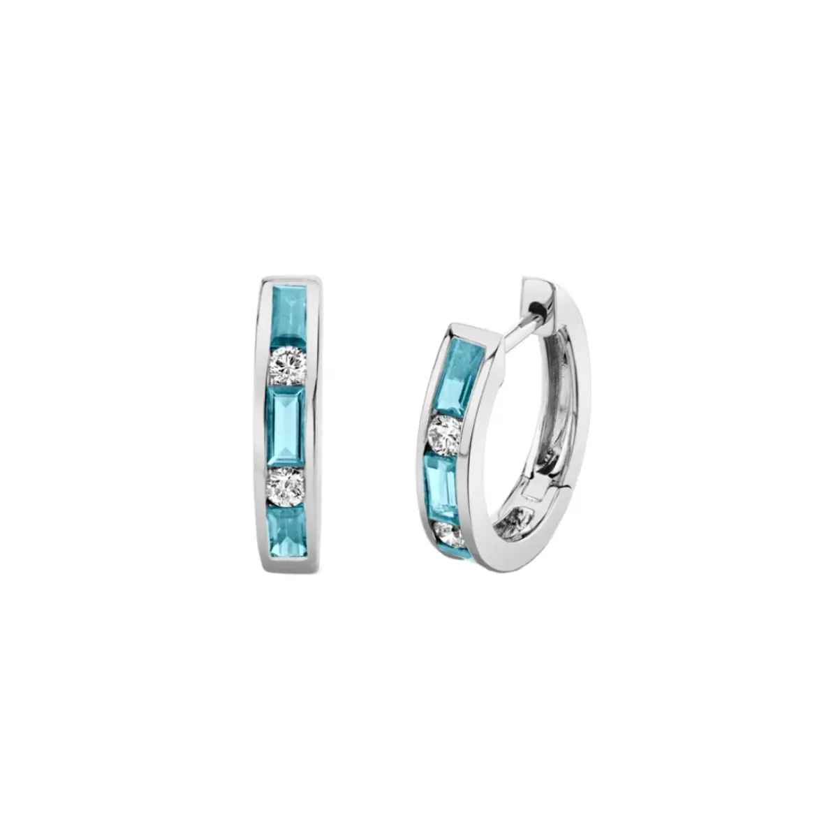 Josephs Jewelers Earrings>14K White Gold Aquamarine and Diamond Huggie Hoop Earrings