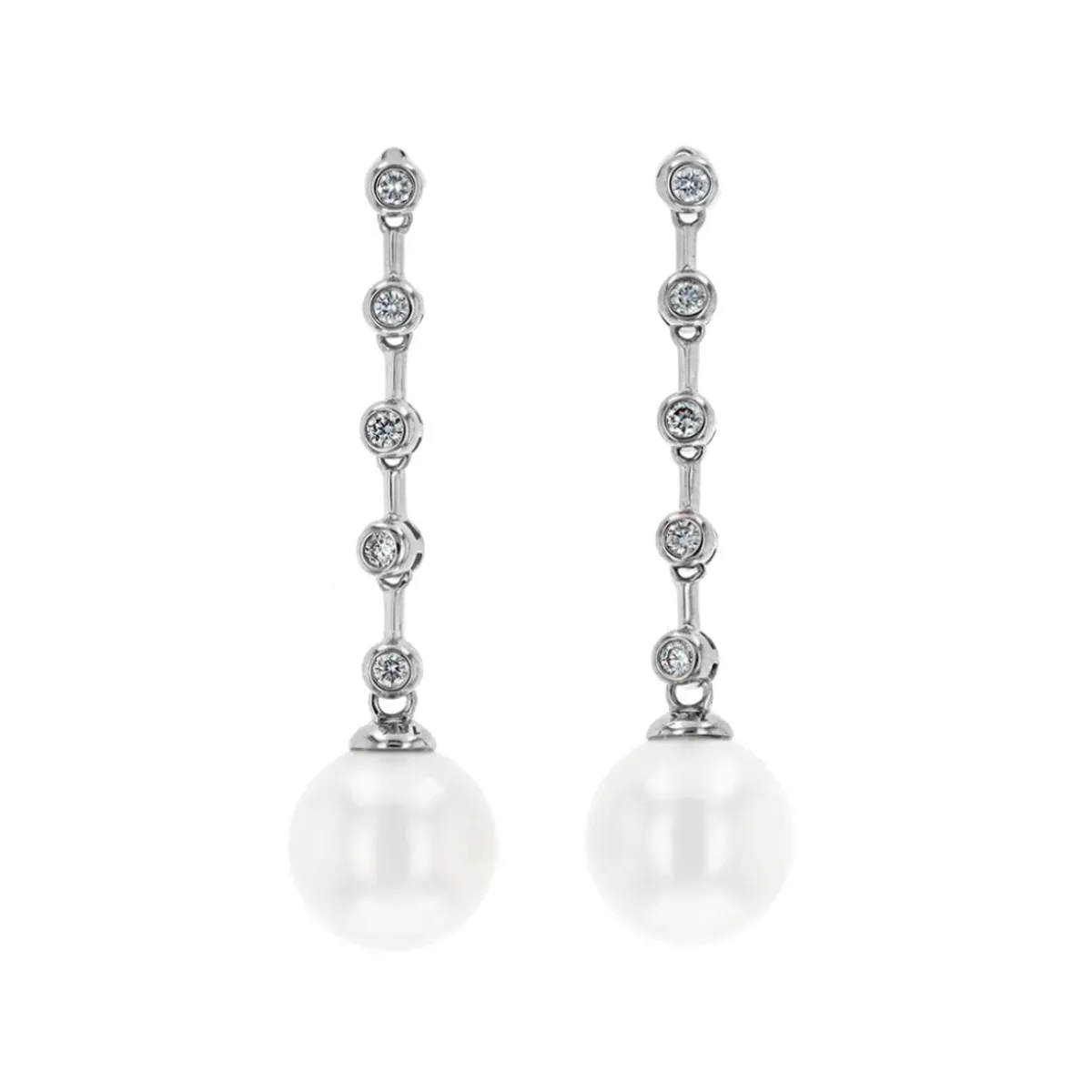 Josephs Jewelers Earrings>18K White Gold Diamond Bezel and Pearl Dangle Earrings