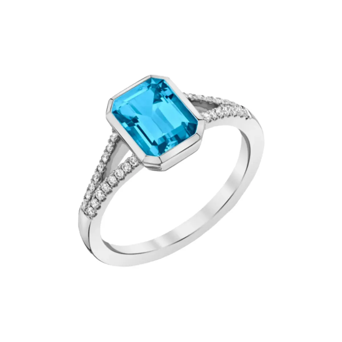 Josephs Jewelers Rings>14K White Gold Emerald-Cut Blue Topaz and Diamond Ring