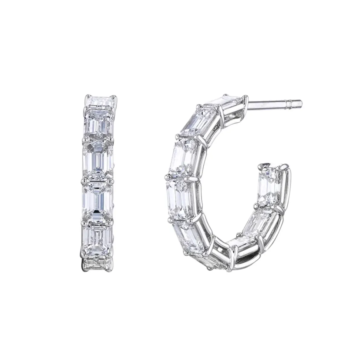 Josephs Jewelers Earrings>18K White Gold Emerald-Cut Diamond Hoop Earrings