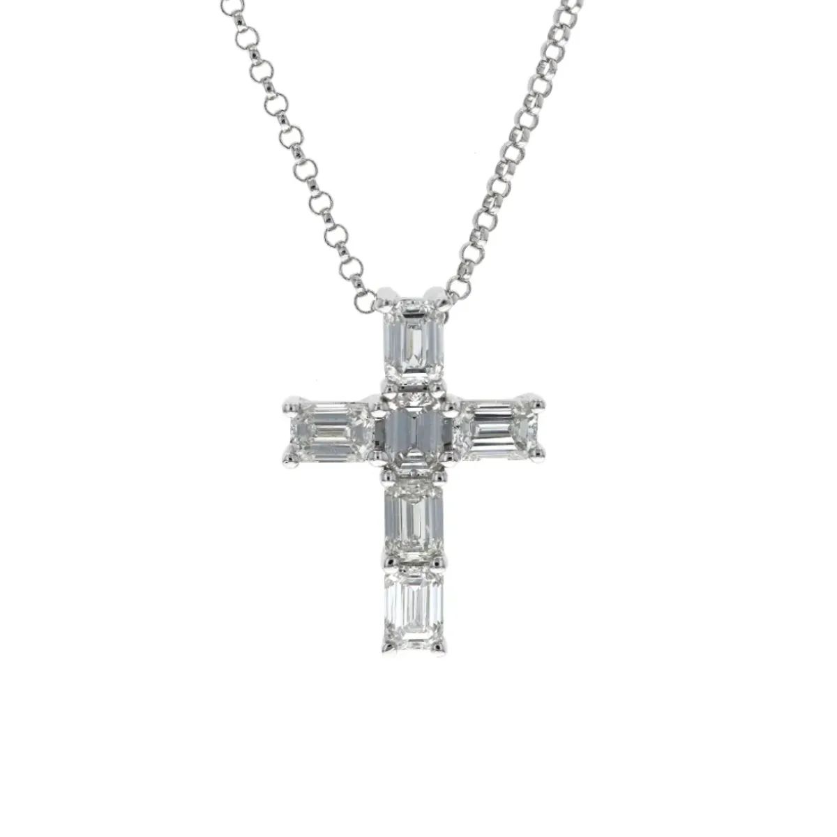 Josephs Jewelers Necklaces And Pendants>18K White Gold Emerald-Cut Diamond Cross Necklace