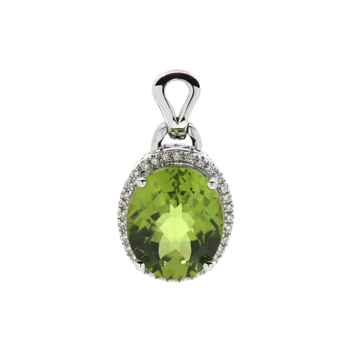 Josephs Jewelers Necklaces And Pendants>14K White Gold Oval Peridot Pendant with Diamond Halo