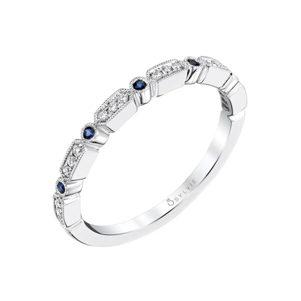 Josephs Jewelers Rings>14K White Gold Round Sapphire and Diamond Band