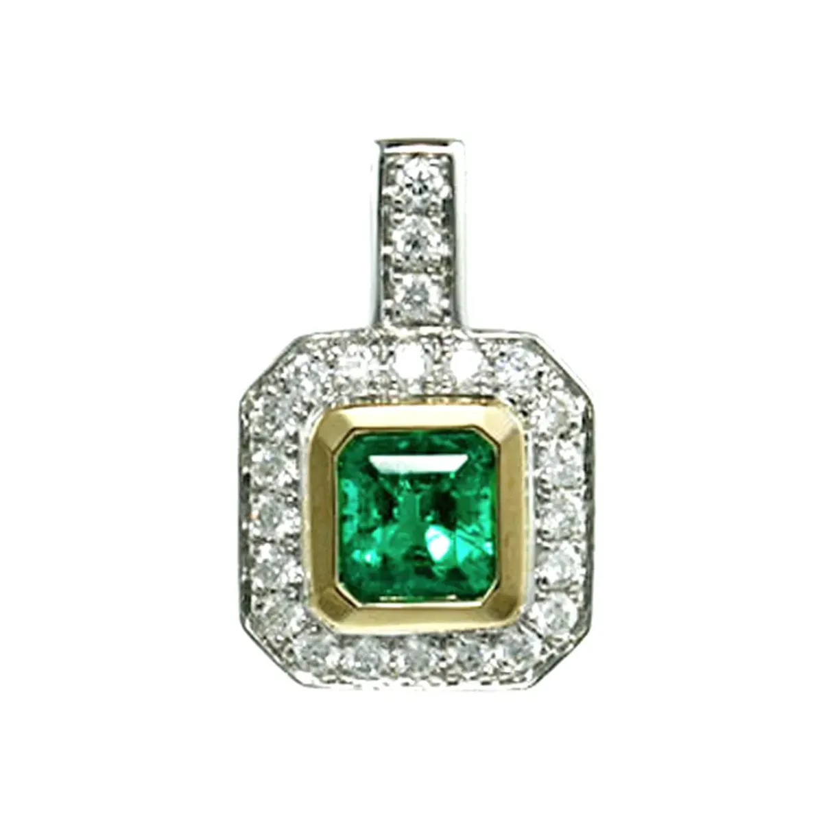Josephs Jewelers Necklaces And Pendants>14K Yellow and White Gold Emerald and Diamond Halo Pendant