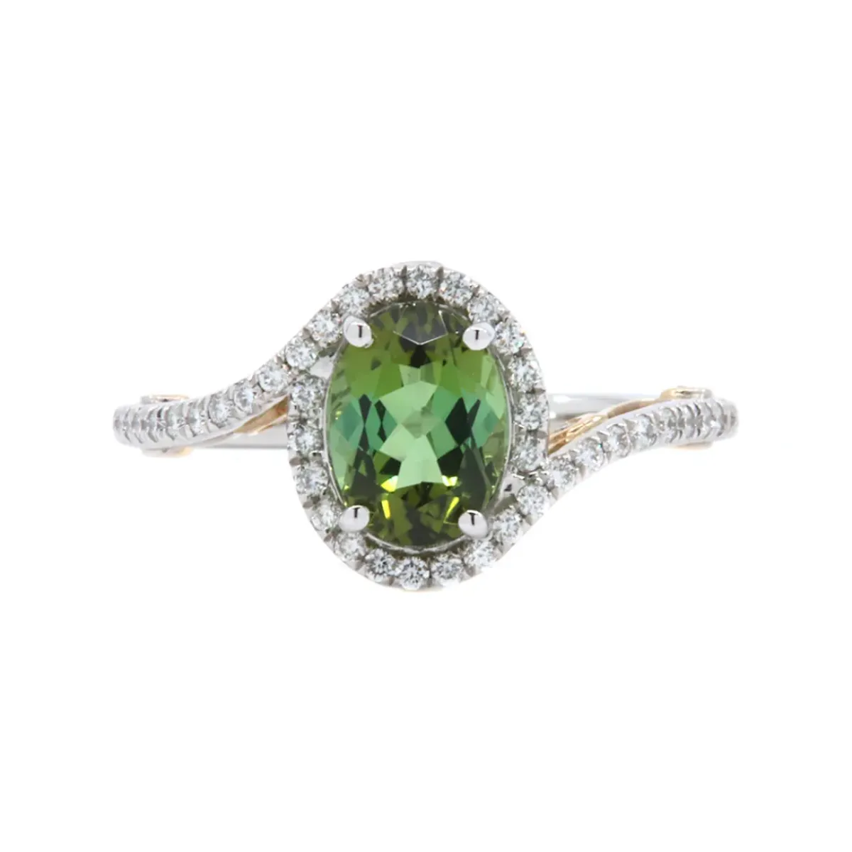 Josephs Jewelers Rings>14K Yellow and White Gold Oval Green Tourmaline and Diamond Halo Bypass Ring