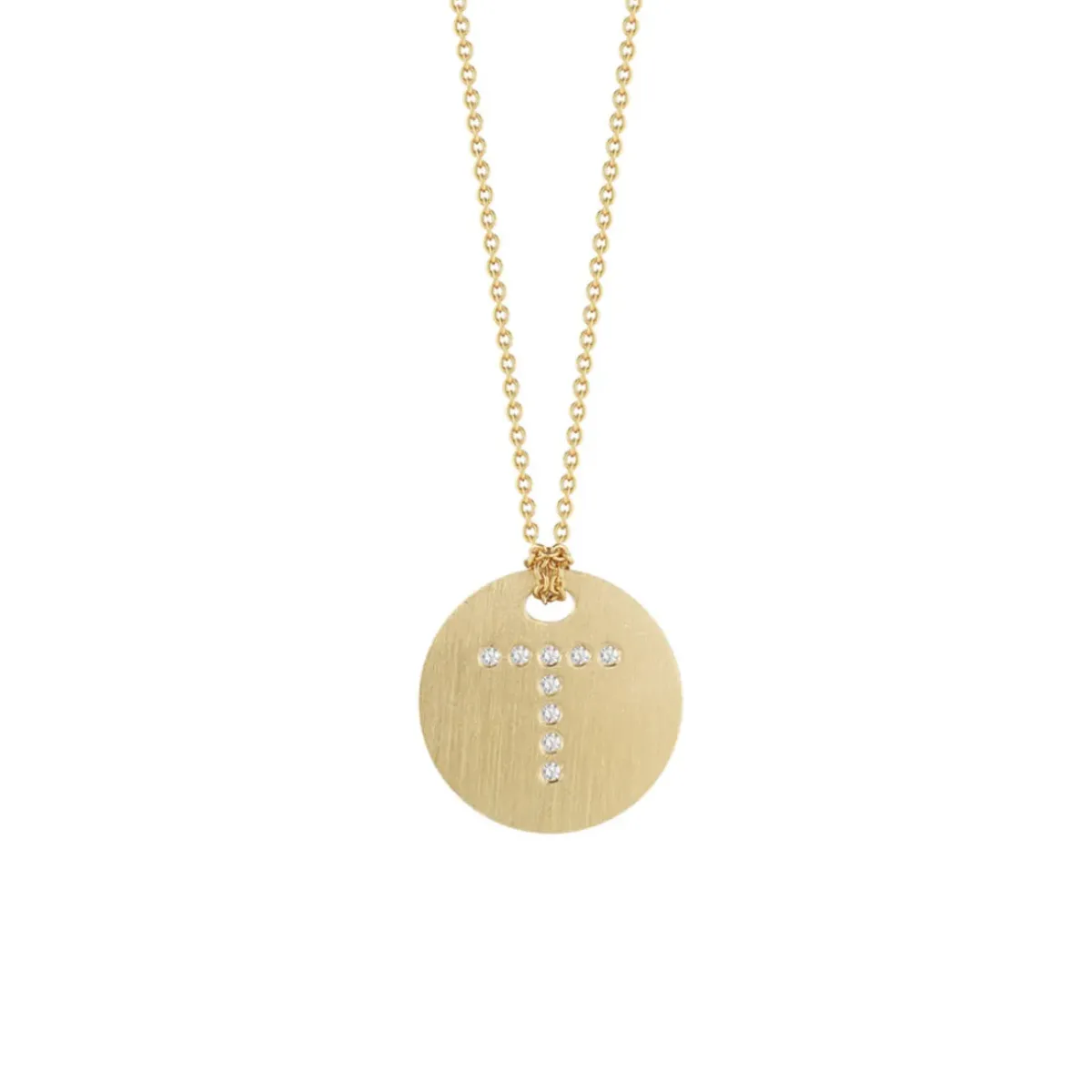 Josephs Jewelers Necklaces And Pendants>18K Yellow Gold Diamond “T” Disc Pendant with Chain