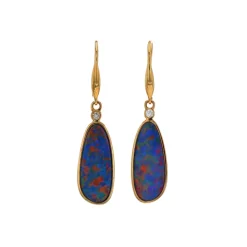 Josephs Jewelers Earrings>14K Yellow Gold Opal Doublet and Diamond Dangle Earrings