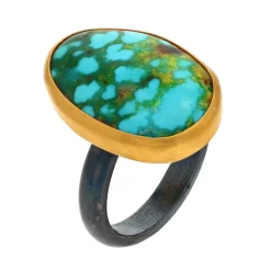 Josephs Jewelers Rings>Oxidized Sterling Silver and 22K Yellow Gold Sonoran Turqoise Ring