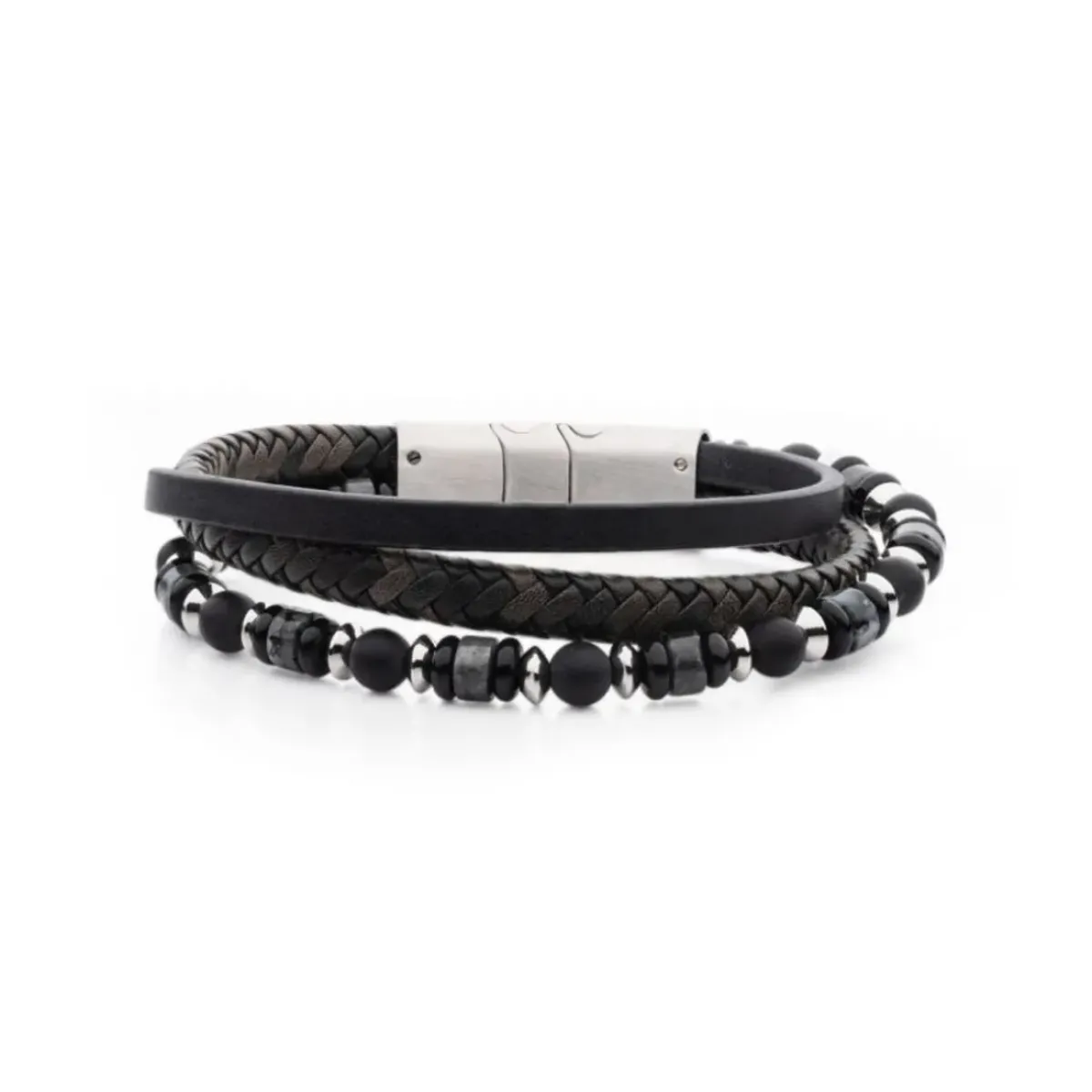 Josephs Jewelers Men’s Jewelry>Stainless Steel Jasper and Onyx Leather Bracelet