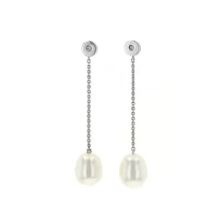 Josephs Jewelers Earrings>Sterling Silver White Freshwater Pearl and Diamond Drop Earrings
