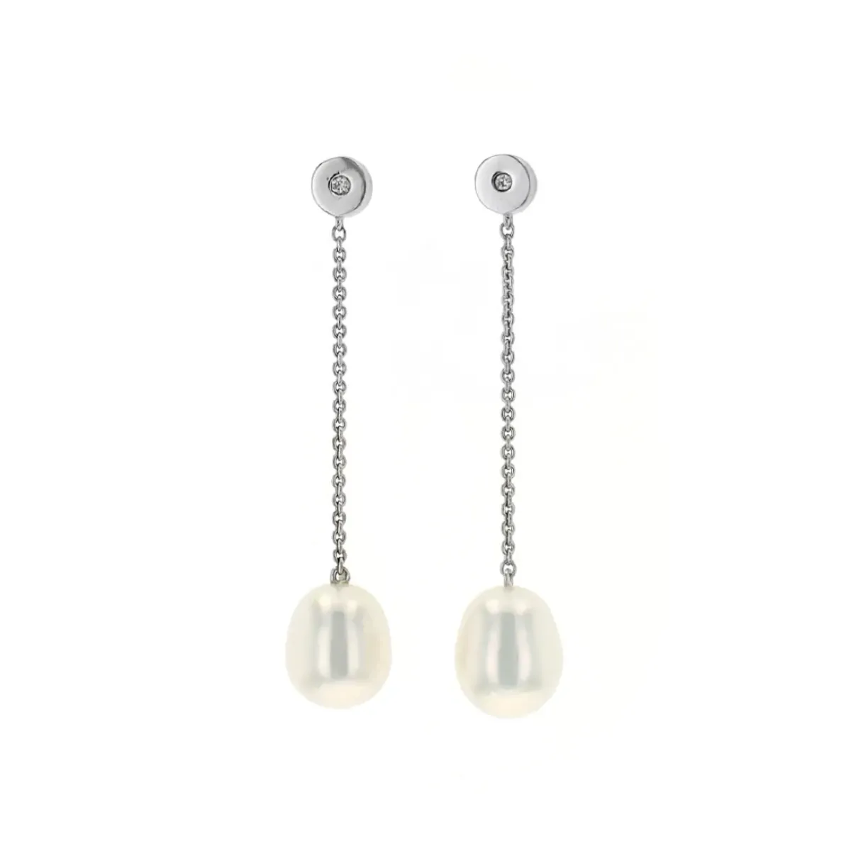 Josephs Jewelers Earrings>Sterling Silver White Freshwater Pearl and Diamond Drop Earrings