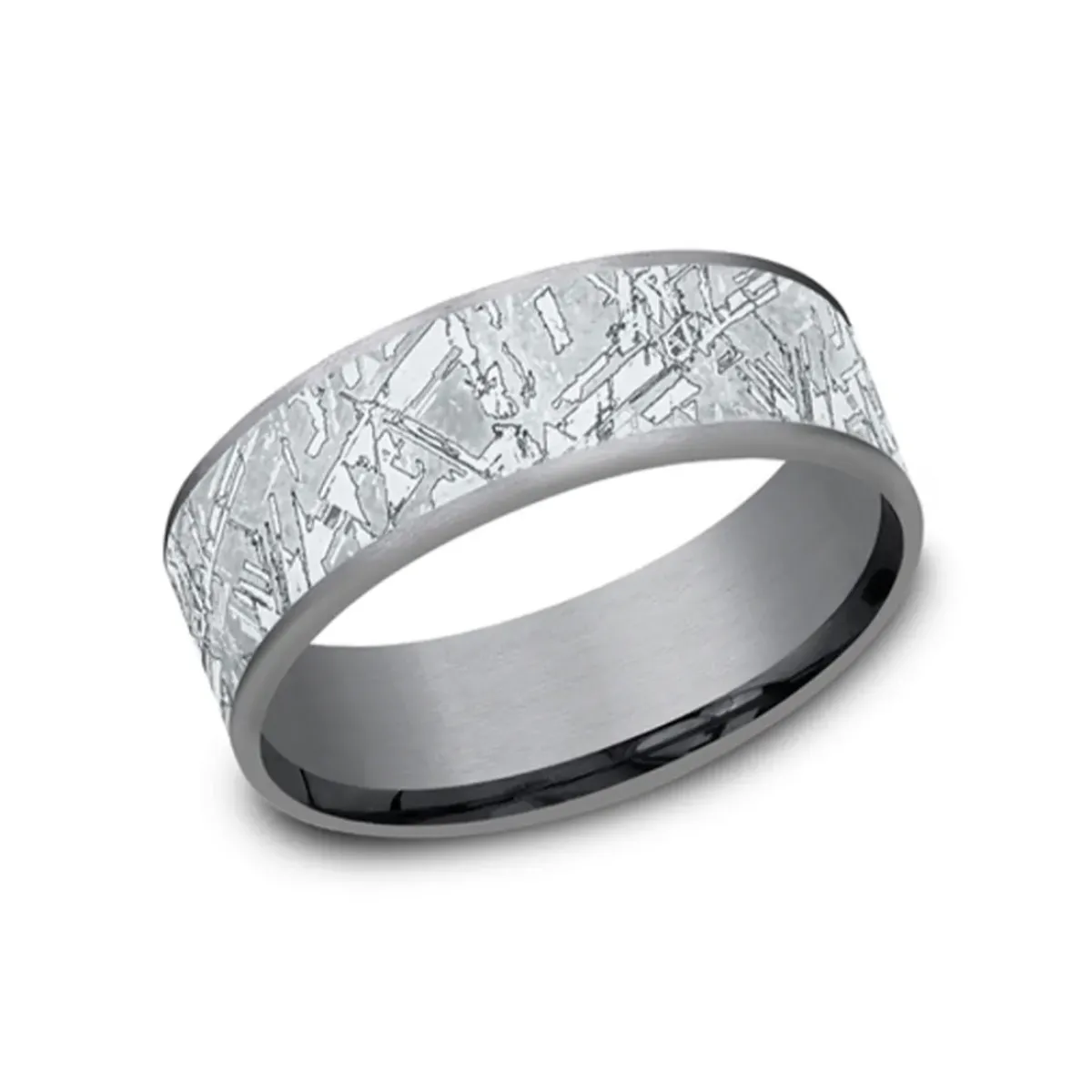 Josephs Jewelers Wedding Bands For Men>Tantalum and 14K White Gold Faux Meteorite Wedding Band