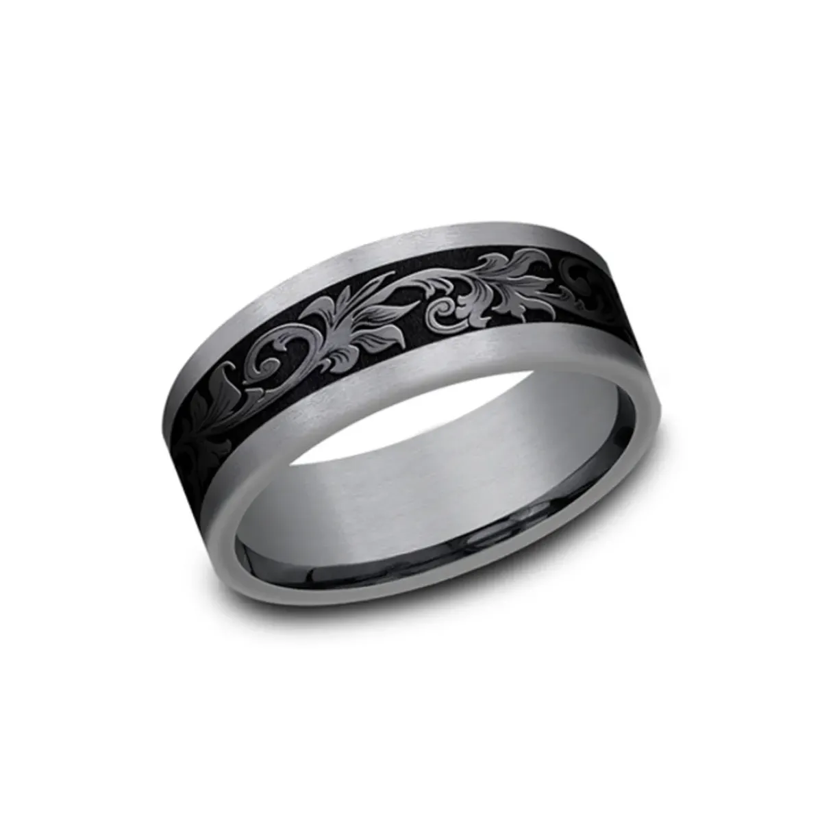 Josephs Jewelers Wedding Bands For Men>Tantalum Vintage Script Wedding Band