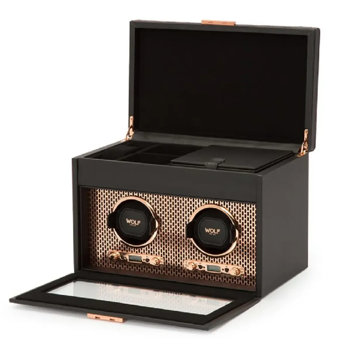 Josephs Jewelers Watch Storage>WOLF – Axis Copper Double Watch Winder & Storage w/ Cover
